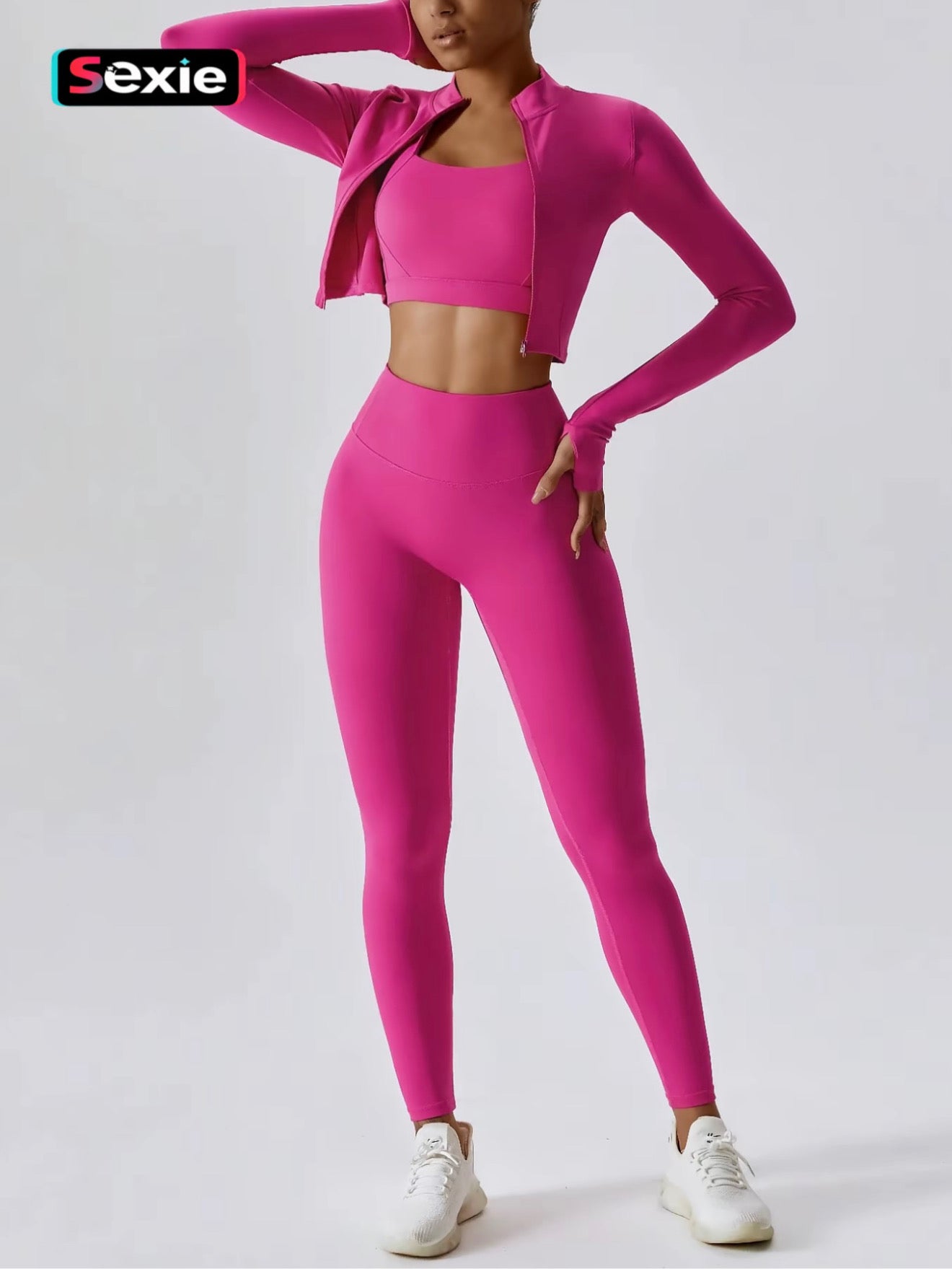 SEXIE | Women's 3-Piece Criss Cross Active Set With Crop Top, Sweater & High Waist Leggings - Breathabl