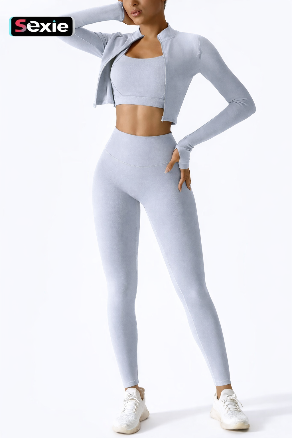 SEXIE | Women's 3-Piece Criss Cross Active Set With Crop Top, Sweater & High Waist Leggings - Breathabl